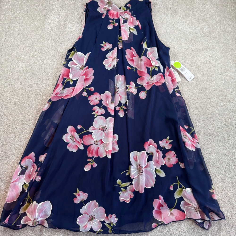 Robbie Bee Womens Navy Pink Floral Halter‎ Neck Trapeze Dress Size 14 NWT